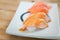 Close up salmon burned top with mayo in plate. Healthy Japanese Nigiri Aburi Sushi style with rice and fish in Japanese food