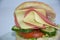 Close up of a sandwich with  cheddar, salami, lettuce, cucumber, tomatoes