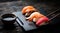 Close up of sashimi sushi set with chopsticks and soy