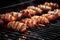 close-up of sausage links sizzling on a grill