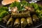 Close-up of savory stuffed grape leaves filled with a mouthwatering mixture of rice, onions,
