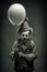 Close up of scary clown with white balloon, created using generative ai technology