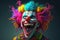 Close up of scary smiling clown in multi coloured wig, created using generative ai technology