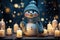 Close up scene featuring a snowman illuminated by a candle encircled by softly glowing winter lanterns and drifting snowflakes,