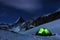 Close-up scenic view on snowy Matterhorn peak in night, Matterhorn Peak, Zermatt, Switzerland A charming frosty starry night.