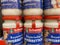 Close up of Schamel bavarian horseradish mustard sauce jars in shelf of german supermarket