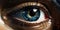 Close up of a sci-fi cyborg eye. Futuristic human eye technology - digital iris