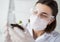 Close up of scientist with plant and soil in lab