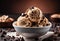 A close-up of a scoop of chocolate chip ice cream with chocolate chips on top.