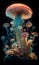 A close up of a sculpture of a mushroom, a microscopic photo,