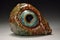 a close up of a sculpture of a rock with a large eyeball in the middle of it\\\'s eyeball hole, on a gray background