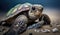 Close up sea turtle lay down on the beach with ocean background, Sea life marine in the morning, with Generative Ai