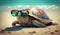 Close up sea turtle lay down on the beach with ocean background, Sea life marine in the morning, with Generative Ai