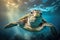 Close up of a sea turtle underwater. Endangered wildlife and ocean ecosystem concept. Generative AI