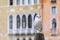 Close up of a seagull sitting in front of a blurred Venetian Gothic building facade along Grand Canal in Venice Italy