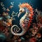 Close-up of seahorse gracefully curling its tail around a vibrant coral branch