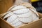 Close up of seashells in wooden box