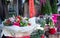 Close up of seasonal potted plants and flowers on sale at florist shop in December. Photographed pre-Christmas in Surrey, UK.