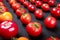 Close-up of seasonal tomatoes organized in lines on a black background. Ketchup ingredients.