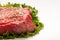 Close Up Seasoned Raw Steak on Green Leaf Lettuce
