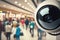 Close-up of a security camera surveilling a crowded shopping complex. Generative AI illustration