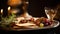 A close-up of a Seder plate holding symbolic foods like charoset, bitter herbs, and a shank bone, with a background of