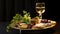 A close-up of a Seder plate holding symbolic foods like charoset, bitter herbs, and a shank bone, with a background of