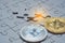 Close up a select focus gold and silver bitcoin and Final piece of jigsaw puzzle.