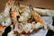 Close up and selective focus of big giant King crab legs grilled selling in market