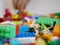 Close up and selective focus of colorful interlocking plastic bricks