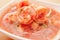 Close up of selective focus in a delicious shrimps of Ecuadorian food: shrimp cebiche in a blurred background
