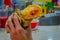 Close up of selective focus of a man hand with a Chilean Empanada, baked pastry stuffed with ham and cheese