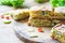 Close up selective focus of murtabak or martabak or mutabbaq or Mataba. Murtabak is a stuffed pancake or pan-fried bread which is