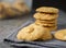 Close up selective focus sweets cookie chips oatmeal mixed grain food fresh made snack or dessert American food style blurred back