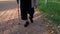 Close up senior woman legs walking with walking stick in park