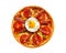 Close up of served pizza with bacon,tomato, egg sunny site up, cheese isolated on white background