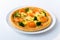 Close up of served pizza with salmon, broccoli, hollandaise sauce, cheese on a plate isolated on white background