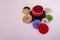 Close up sewing buttons stacked scattered assorted colors