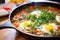 close-up of shakshuka in cast iron pan, parsley garnish