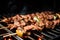 Close-up of shawarma kebab skewers sizzling on a hot grill, with the meat and vegetables browning and caramelizing to perfection