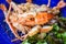 Close up shellfish seafood plate shrimp prawns dinner food cooked - Grilled shrimps with vegetables and cheese
