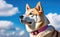 Close-up of Shiba Inu on a walk in a collar against a blue sky. Dog grooming, dog salon, dog products, pet accessories