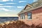 close-up of shingle siding, ocean waves in the background, magazine style illustration