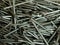 Close-up of shining steel nails piled in the box