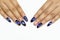 Close up Shiny dark blue magnetic design gel nail art painting on woman acrylic fingernail almond shape decorated with sparkling