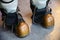 Close-up shoes of an old vintage three-bolt deep-sea diving suit. Suit for deep sea diving of the last century. The