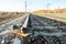 Close-up of shoes on the tracks in the accident on railway road, the remaining shoes