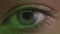 Close-up shoot of light-blue eye blinking with reflection of lamp on it in green light.