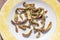 Close-up shoot of string beans dried under the sunlight on the plate