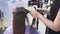 Close-up of a shorter shooting procedure for keratin hair straightening. The hairdresser straightens the customer`s hair